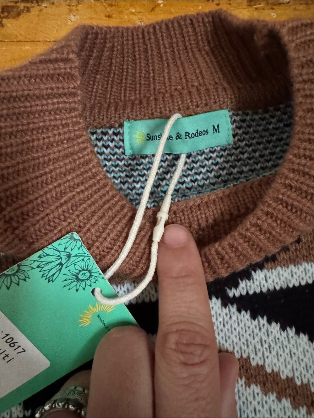 Women’s Aztec Pattern Crewneck Sweater in Brown, Turquoise & Black - Picture 3 of 3